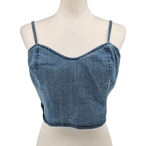 Express Denim Bustier Crop Top L Blue Smocked Back Coquette Indie Sleeze Y2K